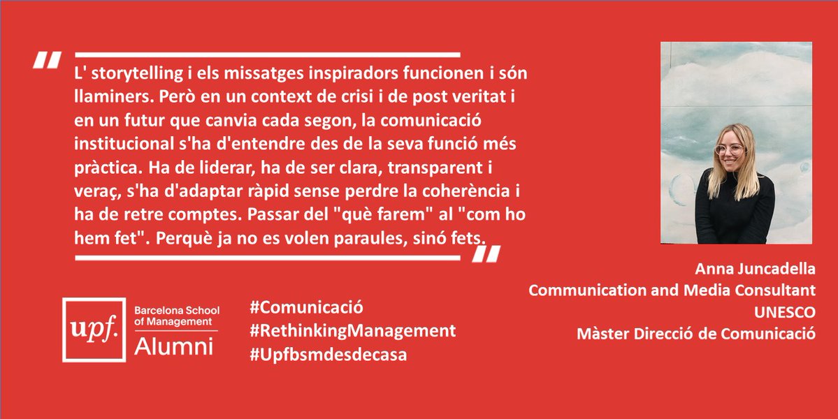 bsm_upf's tweet photo. .@annajunki Communication and Media Consultant @UNESCO_es i @AlumniBSM ens comparteix la seva visió del Futur de la Comunicació. 

Per seguir la conversa en aquest àmbit, uneix-te al nostre grup "Rethinking Communications &amp; Marketing".
👉 https://t.co/06LgZtCKLz #RethinkingComms https://t.co/I7iWV0IGRh
