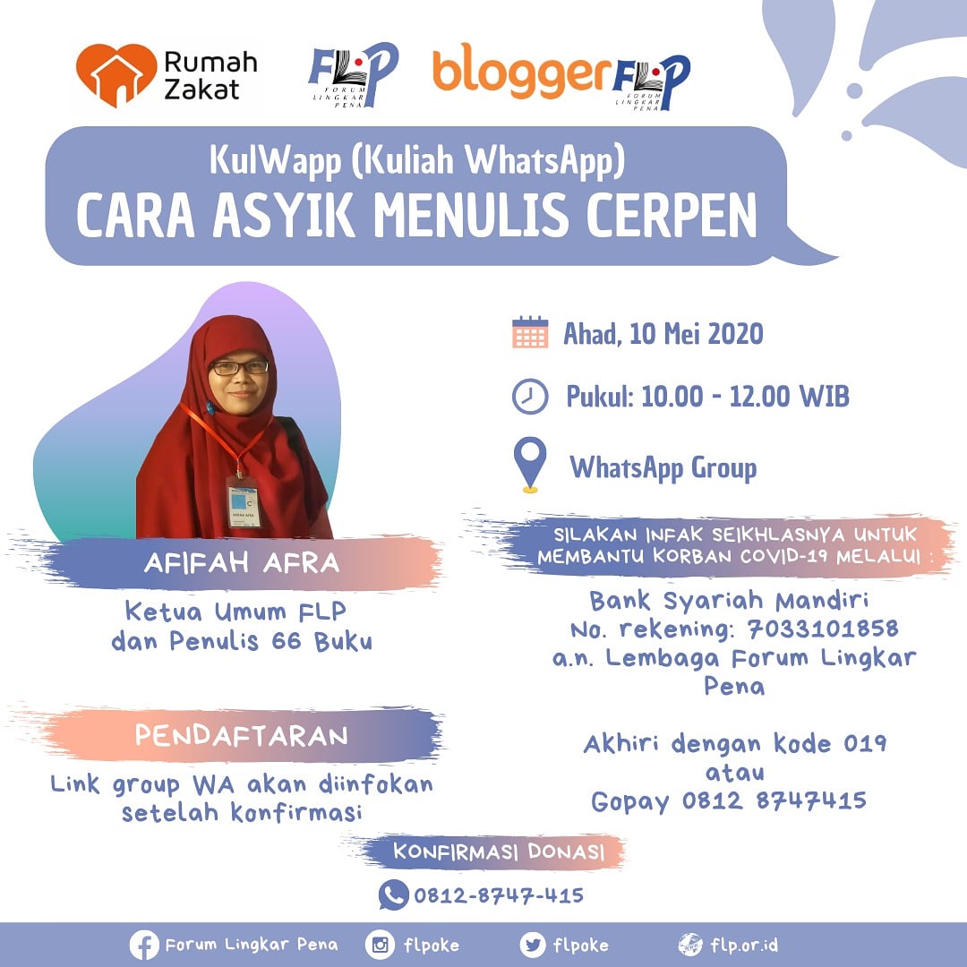 Kuy, ikutan kulwapp bersama Ketua Umum <a href="/FLPoke/">Forum Lingkar Pena</a>. Mari buat diam di rumah kita bernilai dan produktif.

#ForumLingkarPena
#FLPPeduli