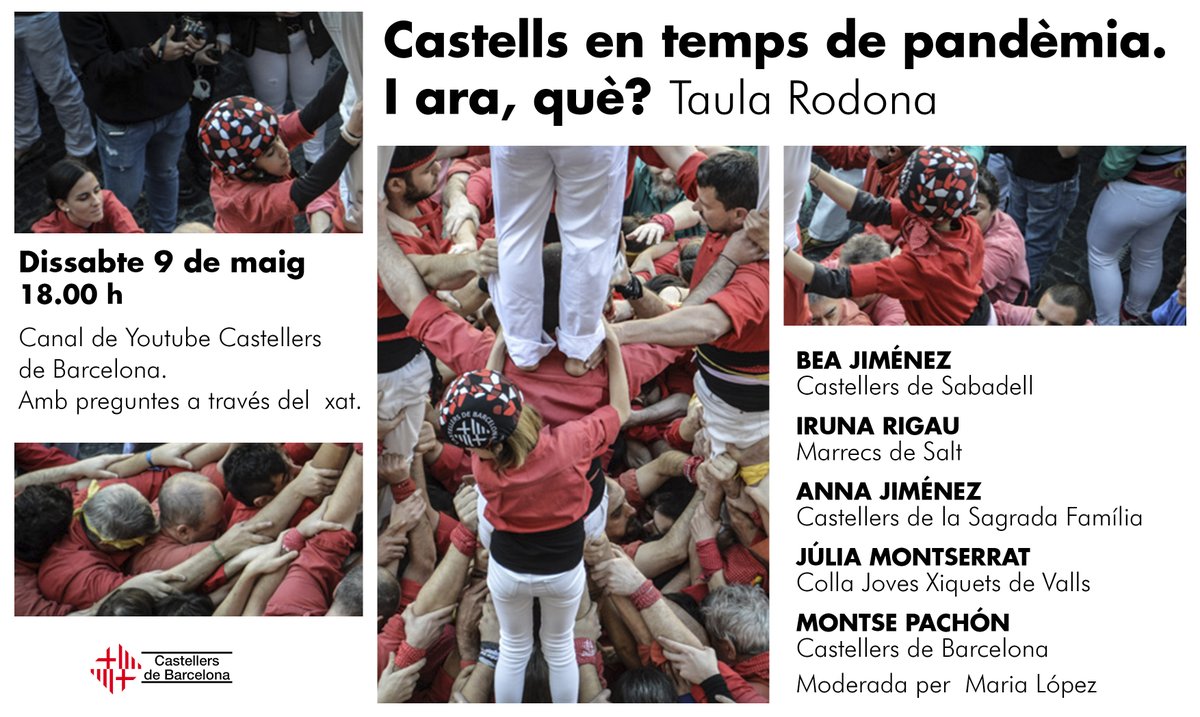 CdBCN's tweet photo. Què passarà amb els castells quan acabi el #coronavirus?

📆 9 de maig
🕕18 h
⏯️Youtube de la colla

Amb @IrunaRG (@Marrecs), Bea Jiménez @latorradora (@saballuts), @jmontserrat99 (@JovesValls), Anna Jiménez (@CastellersSAFA) i @montsepachon (@CdBCN).

#castellers #castelleres https://t.co/uWnV3KWFFj