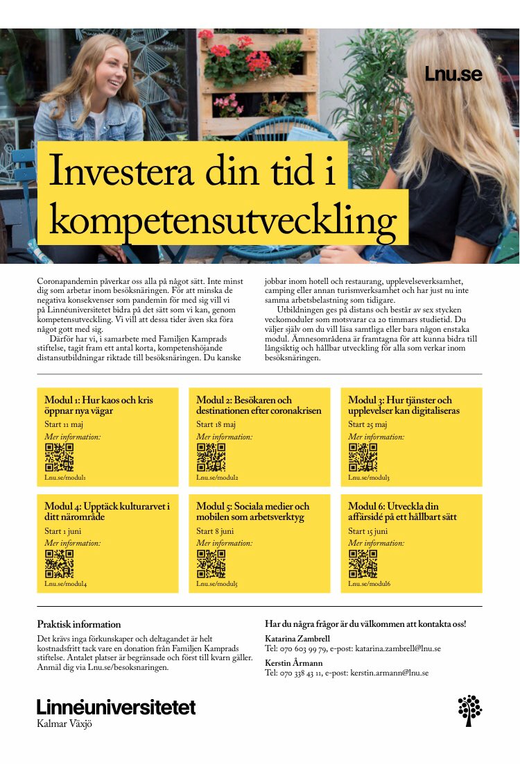 Kunskap som framtidskraft! Ett proaktivt sätt att möta krisen som Coronapandemin orsakat är att nyttja tiden då annat får stå tillbaka. En lyckad satsning är <a href="/linneuni/">Linnéuniversitetet Linnaeus University</a> satsning för besöksnäringen. Intresserad? Ta en titt o anmäl dig. Kostnadsfritt så klart, vi är ju i Småland 😊!
