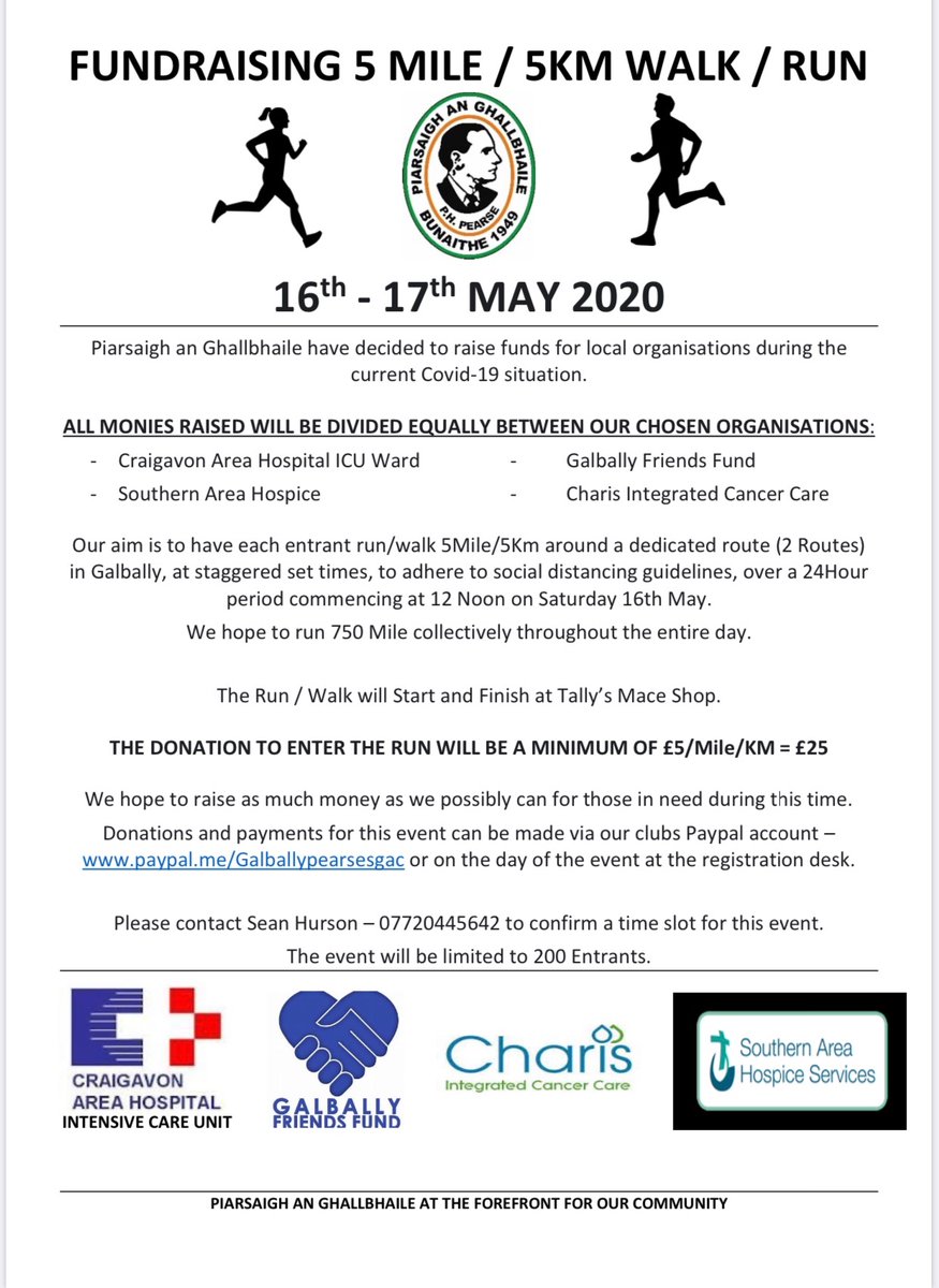 GalballyPearses's tweet photo. Galbally Pearses 5Mile/5Km Walk or Run. 🏃🏻‍♀️🏃🏽
We will be raising funds for four local organisations.

Social distancing will be adhered to at all times.
There is a limit of 200 time slots, if you would like to book your slot please contact Sean Hurson on 07720445642. https://t.co/oQwWKRP35R