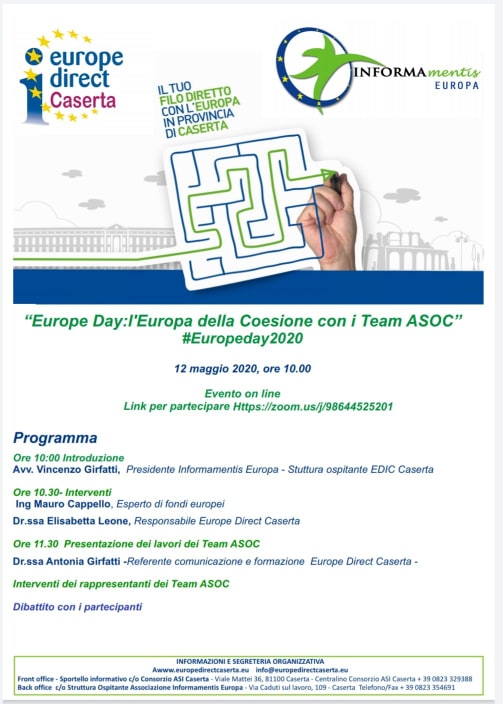 UE_ED_Caserta's tweet photo. “Europe Day: l’Europa della Coesione con i Team ASOC” #Europeday2020
Il Centro EDIC Caserta celebra la festa dell’Europa  il giorno 12 maggio ore 10.00 con un evento online sulla piattaforma Zoom alle ore 10.00. Accedere all’evento attraverso il link https://t.co/flPN57sAFd https://t.co/LefbSp7iQW