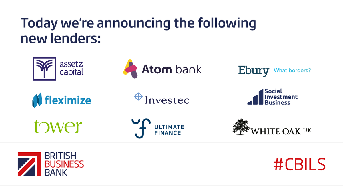 BritishBBank's tweet image. Nine new lenders have been approved for accreditation under the Coronavirus Business Interruption Loan Scheme #CBILS
@assetzcapital @atom_bank @EburyUK @Fleximize @Investec @TheSocialInvest @towerleasingltd @UltimateFinance @WhiteOakUK 
▶️ bit.ly/3c4fM6R