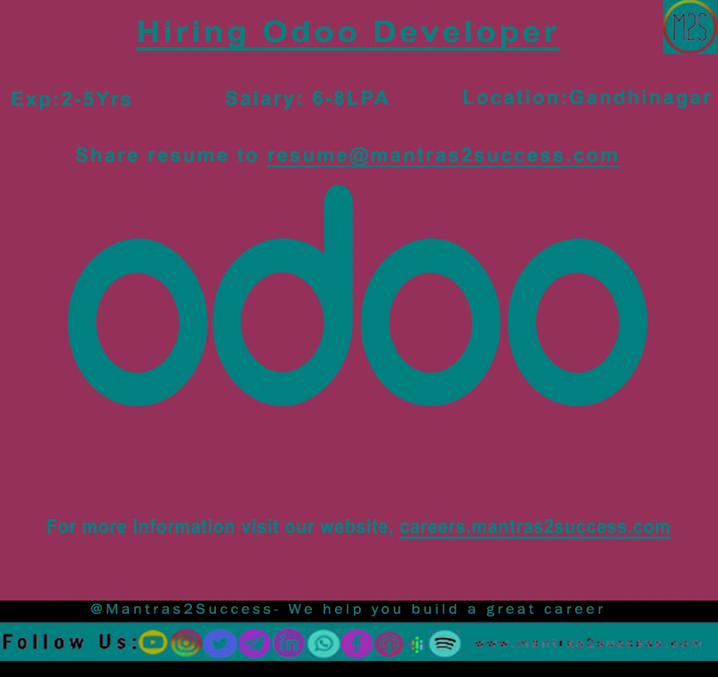 Mantras2Success's tweet image. Hiring: Odoo Developer
Exp: 2-5 Yrs
Salary: 6-8LPA
Location: Gandhinagar
Share resume at resume@mantras2success.com 

Or click on the link to apply:
ow.ly/WOv650zxnsU

#hiring #odoo_developer #IT #jobs