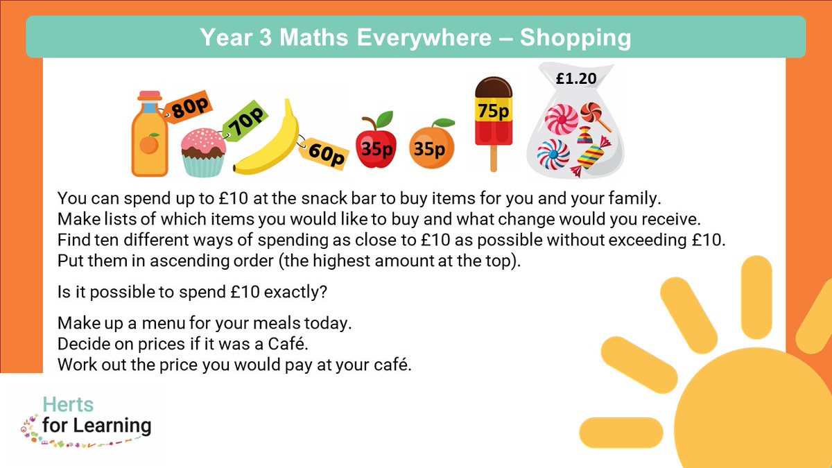 HFLPrimaryMaths's tweet photo. Calling Year 3! Today's #TryItOutTuesday tasks are taken from the previously unreleased set B in the popular @hertsmaths #MathsEverywhere series. On the menu today: fractions, clocks, money &amp; a finding the difference investigation. Let us know how you get on! #ESSENTIALmaths https://t.co/tUJQ1YEPHw