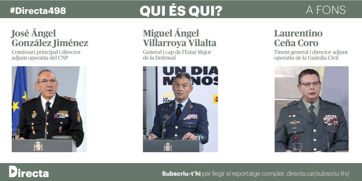 La_Directa's tweet photo. @dvdbou @albertmartnez #REPORTATGE | Fins al 25 d'abril, el cap de l’Estat Major de la Defensa compareixia diàriament després de la reunió del comitè de gestió de la #COVID19. Qui l'acompanyava en aquest #MaquillatgeMilitar?
👉 https://t.co/7w4FKMK1l9
Per @dvdbou i @albertmartnez a la #Directa498 https://t.co/nETgPKVyME