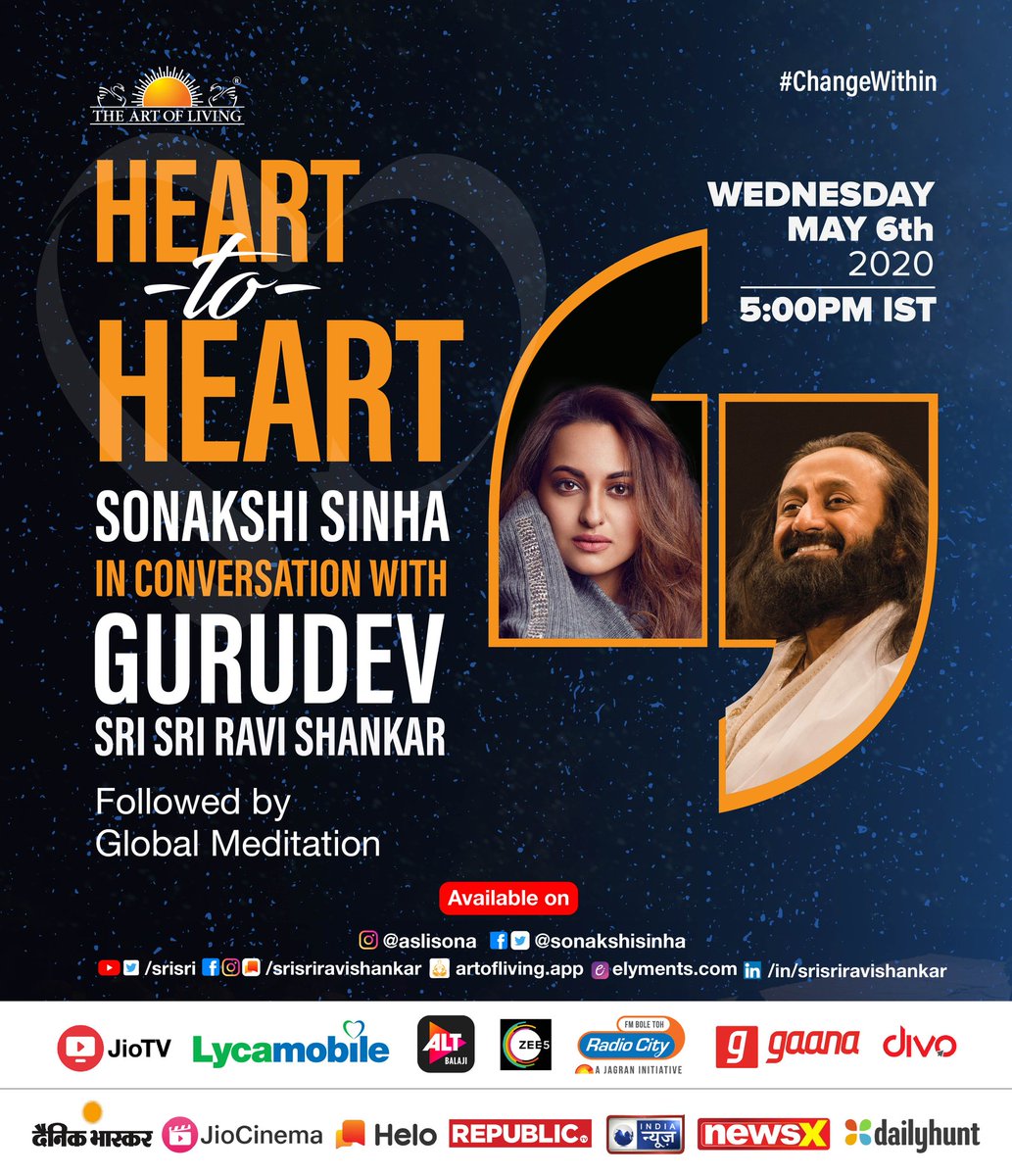 ArtofLiving's tweet photo. .@sonakshisinha in a #hearttoheart conversation with Gurudev @SriSri this evening at 5 PM. Join us Live! https://t.co/S6iG0ckjfv