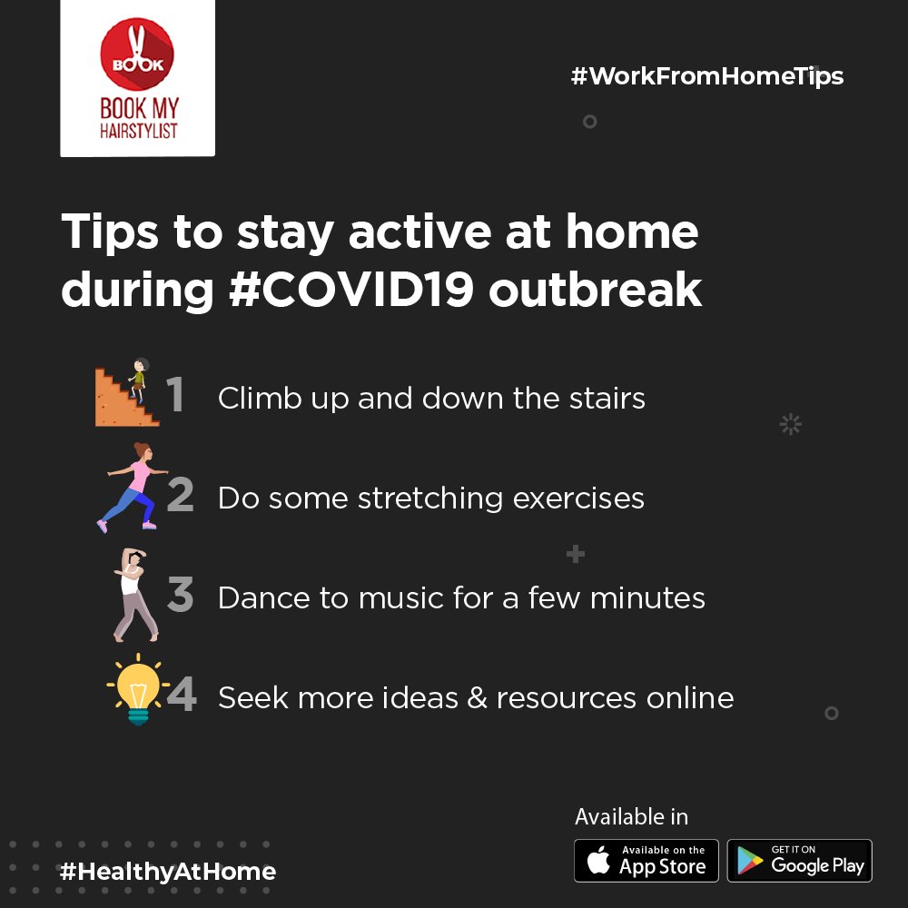 BMHStylist's tweet photo. Tips to stay active at home during #COVID19 outbreak

#BookMyHairStylist #BMHS #StaySafe #HealthyAtHome #Stayhealthy #stayhomesavelives #StayHome #stayhomestaysafe #StayAtHome #staypositive #WorkFromHomeTips #workingfromhome #WFH #WFHLife #WorkingFromHomeLife https://t.co/PFcxrdaJP0