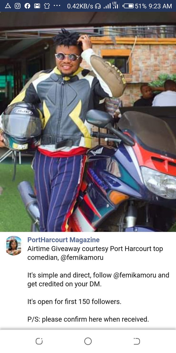 femi_kamoru's tweet photo. Airtime Giveaway courtesy Port Harcourt top comedian @femikamoru 

It's simple and direct, follow @femikamoru and get credited on your DM. 

It's open for first 150 followers. #girlslockeroom #lockdownextension #COVID19 #COVIDー19 https://t.co/UzxI1x3OOv