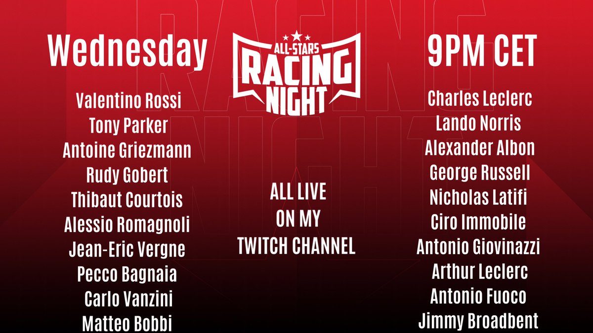 Today is the dayyy ! 
9PM CET, Qualifying and 2 races, 2nd race will be reverse grid and will be by night. 
This is only part of the entry list, we'll be 30 in total. 

🎥: twitch.tv/charlesleclerc