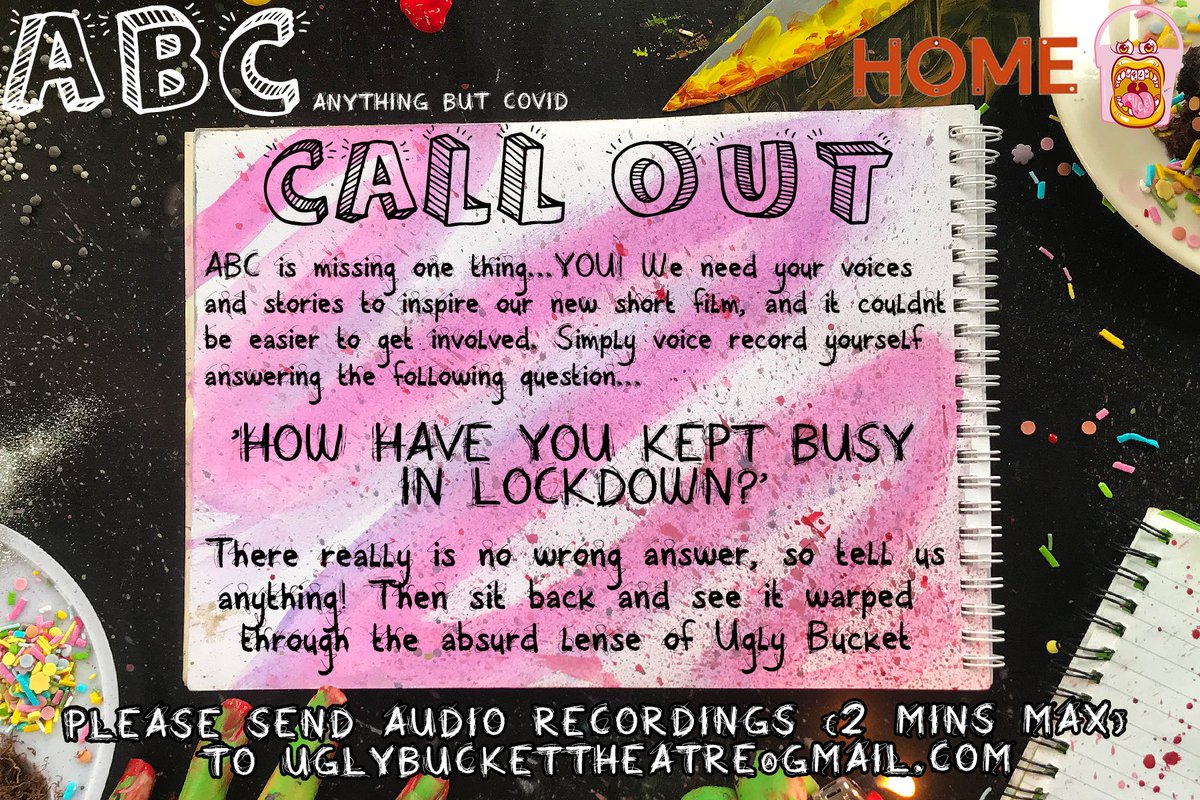UglyBucket's tweet photo. ABC, commissioned by @HOME_mcr is coming, and we need YOU! 👀

We want your voices to inspire our new short film and all you have to do is answer the question below!

There’s NO wrong answers! Send audio to uglybuckettheatre@gmail.com and let us do the weird stuff 😉 

3 2 1 GO! https://t.co/Cw7jCtJmmE
