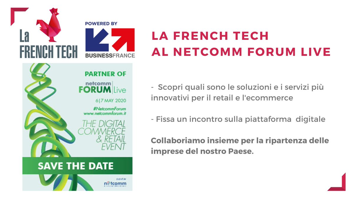 È iniziata da poco la prima edizione del Netcomm Forum Live !💡 Scopri le 15 aziende della #FrenchTech che propongono le loro soluzioni per il retail e l'ecommerce : slideshare.net/BusinessFrance…
Registrati gratuitamente al Netcomm Forum Live : netcomm.liveforum.space/membership/vis…  #NetcommForum