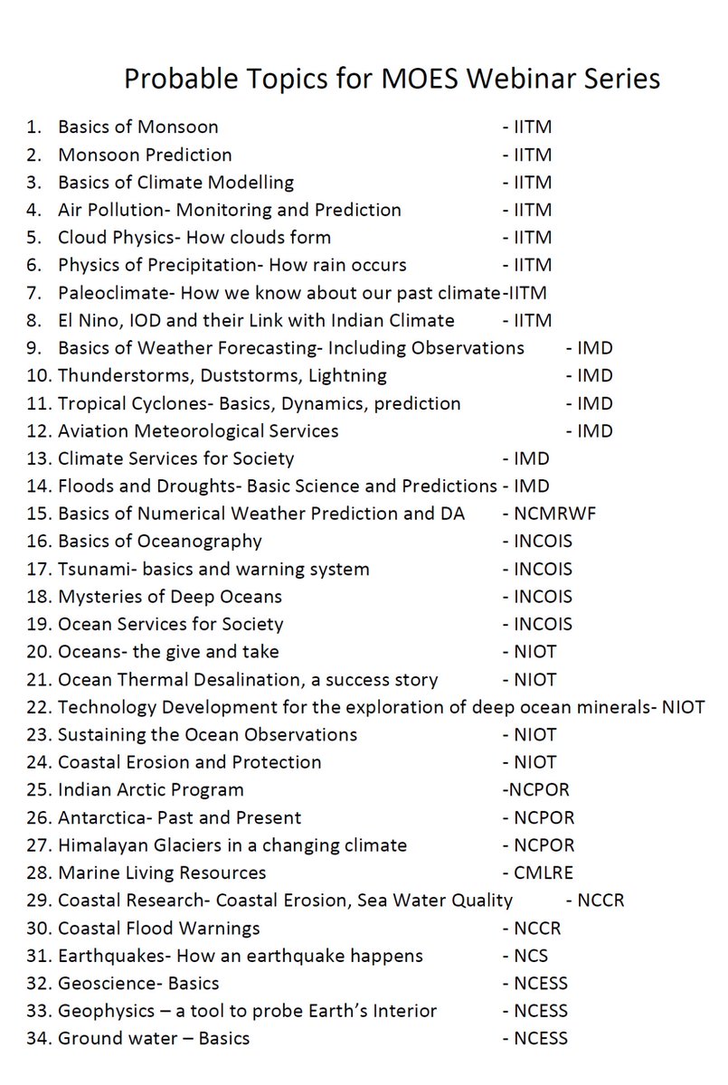Madhavan Rajeevan (@rajeevan61) on Twitter photo MoES starting a webinar series in Earth Sciences Popular Lectures by MoES scientists First one by Director NIOT at 12 Noon, Fri 08 May on Oceans Details of Webinar at iitmmeet.tropmet.res.in/MoESWebinarSem… Enjoy & Give feedback Please RT & Circulate. <a href="/drharshvardhan/">Dr Harsh Vardhan</a> <a href="/moesgoi/">MoES GoI</a> <a href="/PrinSciAdvGoI/">Principal Scientific Adviser, Govt. of India</a> MoES starting a webinar series in Earth Sciences Popular Lectures by MoES scientists First one by Director NIOT at 12 Noon, Fri 08 May on Oceans Details of Webinar at iitmmeet.tropmet.res.in/MoESWebinarSem… Enjoy & Give feedback Please RT & Circulate. <a href="/drharshvardhan/">Dr Harsh Vardhan</a> <a href="/moesgoi/">MoES GoI</a> <a href="/PrinSciAdvGoI/">Principal Scientific Adviser, Govt. of India</a>