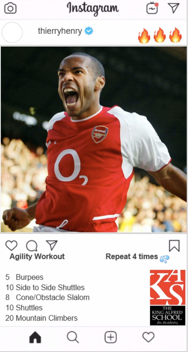 TKASA_PE's tweet photo. Day3️⃣3️⃣ of our #HomeSchool #CelebrityWorkout
Today an agility workout with @ThierryHenry 

Remember to take video or pictures &amp; tag away on @twitter and @instagram  

Home learning @Classcharts points on offer! #CombatCovid
#CombatBoredom https://t.co/d9haqWrOTQ