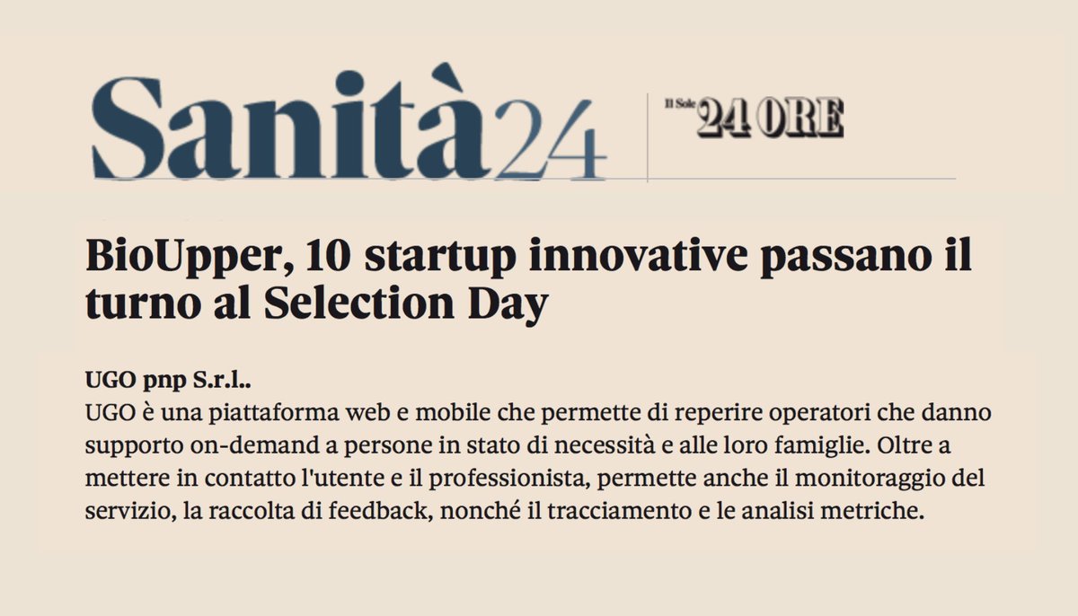 UGO fa parte delle 10 startup innovative che passano il turno al Selection Day di <a href="/BioUpper/">@scarylittlelou</a> per migliorare il proprio servizio. 
Scopri di più: s24ore.it/RAmI5V 
 <a href="/24OreSanita/">Sole 24 Ore Sanità</a> <a href="/sole24ore/">IlSole24ORE</a>