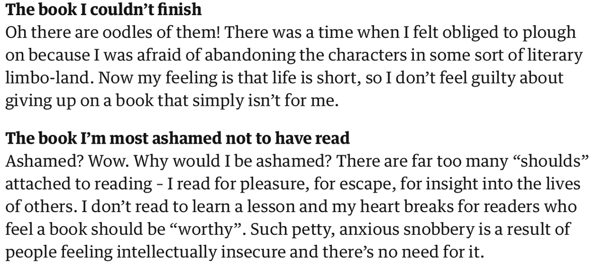 PINsykes's tweet photo. Never not thinking about the grace of this reply from @MarianKeyes for @guardian about the idea of shame surrounding literature https://t.co/ownskfJfPC