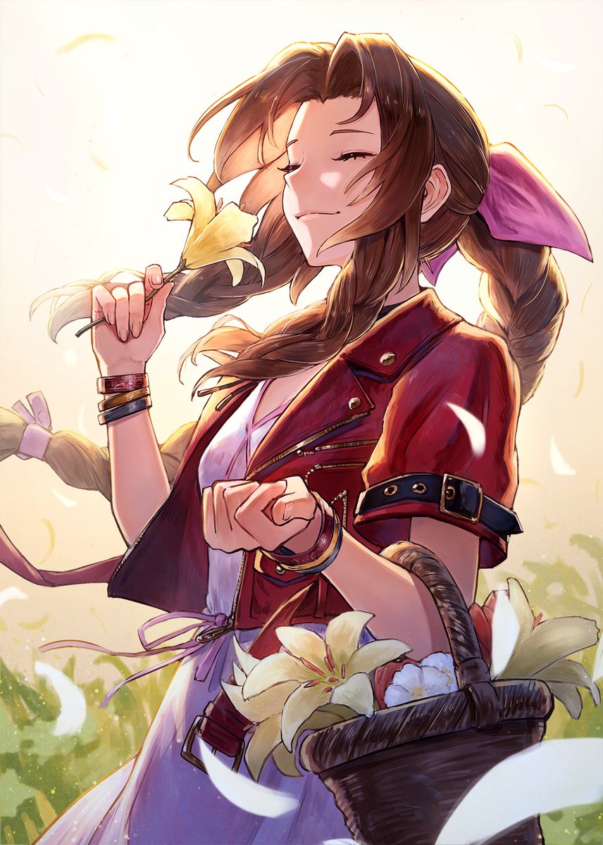 aerith gainsborough 1girl flower solo red jacket braid dress brown hair  illustration images