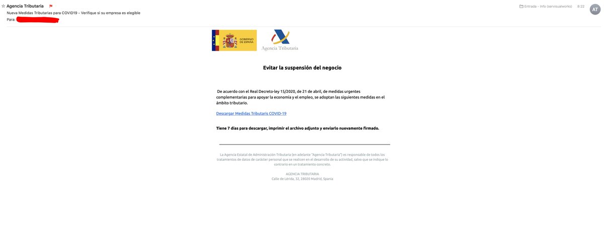 ServisualWorks's tweet photo. @guardiacivil Buenos días, les alerto sobre un correo que hemos recibido esta mañana de supuestamente @Haciendagob sobre la suspensión de nuestro negocio. Mi gestor de @AyudaTPymes me ha confirmado que es #phishing y un FAKE. Hagan un comunicado porque alguien caerá en la estafa. https://t.co/6XAfACwfsH