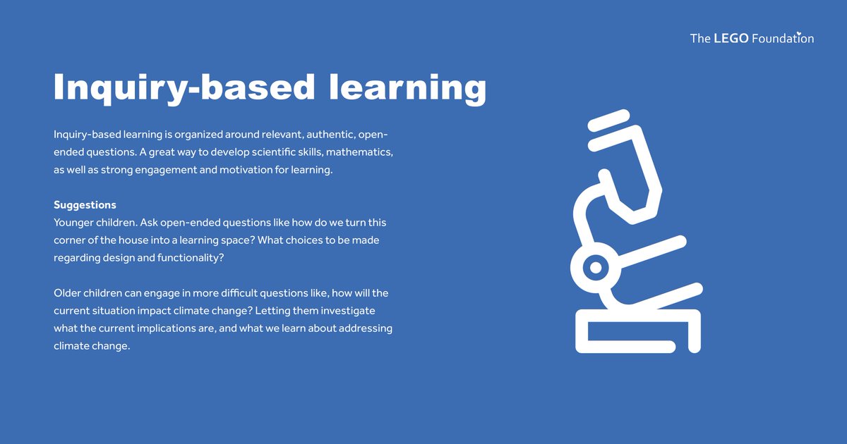 LEGOfoundation's tweet photo. Inquiry-based learning is a great way to help children develop scientific skills & math, as well as strong engagement and motivation for learning.
Find tips on how to implement this learning pedagogy below & visit https://t.co/ZgMyb0zywi for more tips.
#Learningthroughplayathome https://t.co/wpxn3a3qnS