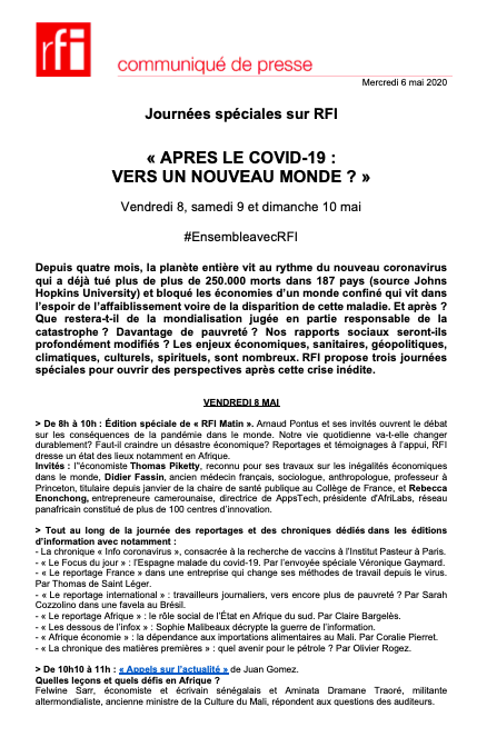 RFI_Presse's tweet photo. 🔴⚕️🎙️@RFI propose « Après le #Covid19 : vers un nouveau monde ? », 3 journées spéciales pour ouvrir des perspectives après cette crise inédite, vendredi 8, samedi 9 et dimanche 10 mai en français &amp; en langues étrangères #EnsembleavecRFI. @RFImag @RFIAfrique @RFI_eco  @RFIculture https://t.co/920nXStRYb