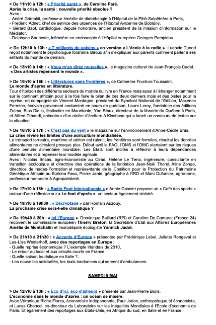RFI_Presse's tweet photo. 🔴⚕️🎙️@RFI propose « Après le #Covid19 : vers un nouveau monde ? », 3 journées spéciales pour ouvrir des perspectives après cette crise inédite, vendredi 8, samedi 9 et dimanche 10 mai en français &amp; en langues étrangères #EnsembleavecRFI. @RFImag @RFIAfrique @RFI_eco  @RFIculture https://t.co/920nXStRYb