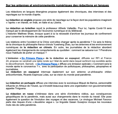 RFI_Presse's tweet photo. 🔴⚕️🎙️@RFI propose « Après le #Covid19 : vers un nouveau monde ? », 3 journées spéciales pour ouvrir des perspectives après cette crise inédite, vendredi 8, samedi 9 et dimanche 10 mai en français &amp; en langues étrangères #EnsembleavecRFI. @RFImag @RFIAfrique @RFI_eco  @RFIculture https://t.co/920nXStRYb