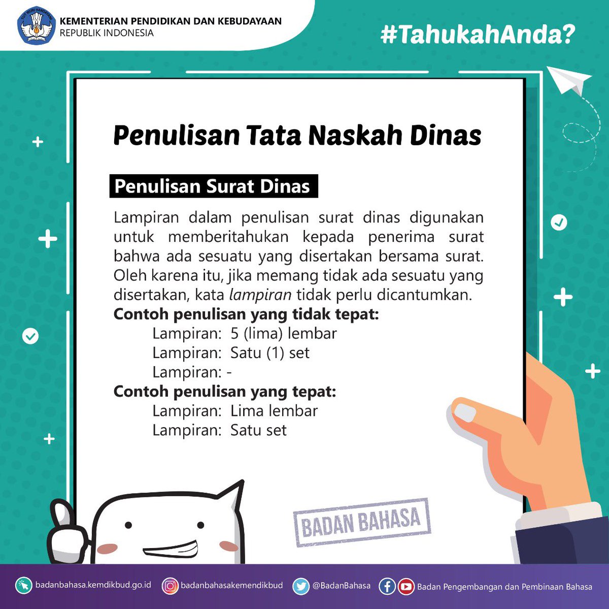 #RabuBerliterasi

#SahabatBahasa dan #SahabatDikbud, apakah Anda pernah menulis surat dinas? Mari simak informasi tentang “Penulisan Tata Naskah Dinas” yang benar dalam infografik di bawah ini. 

#TataNaskahDinas
#DiRumahSaja
#BersamaHadapiKorona