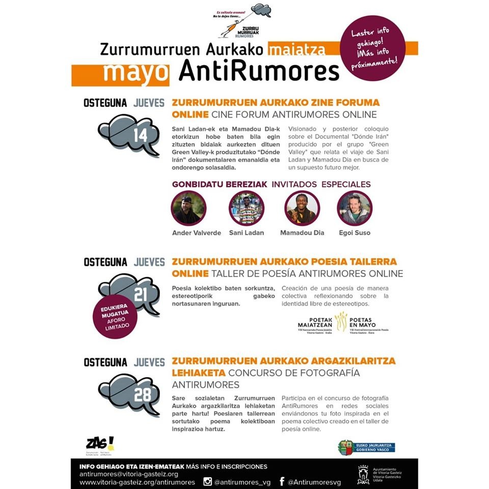OAdsis's tweet photo. 💭 Mayo AntiRumores 🌼 La Estrategia AntiRumores de Vitoria-Gasteiz presenta las próximas acciones: Cine Forum, talleres, concurso, lecturas colectivas... 🍿🎬🤳🏼📖 ¿Te animas?❓¡Te esperamos! 🙋🏽
@omijfdv @omijnievescano @VG_gaztea https://t.co/o7cZ4WCbct