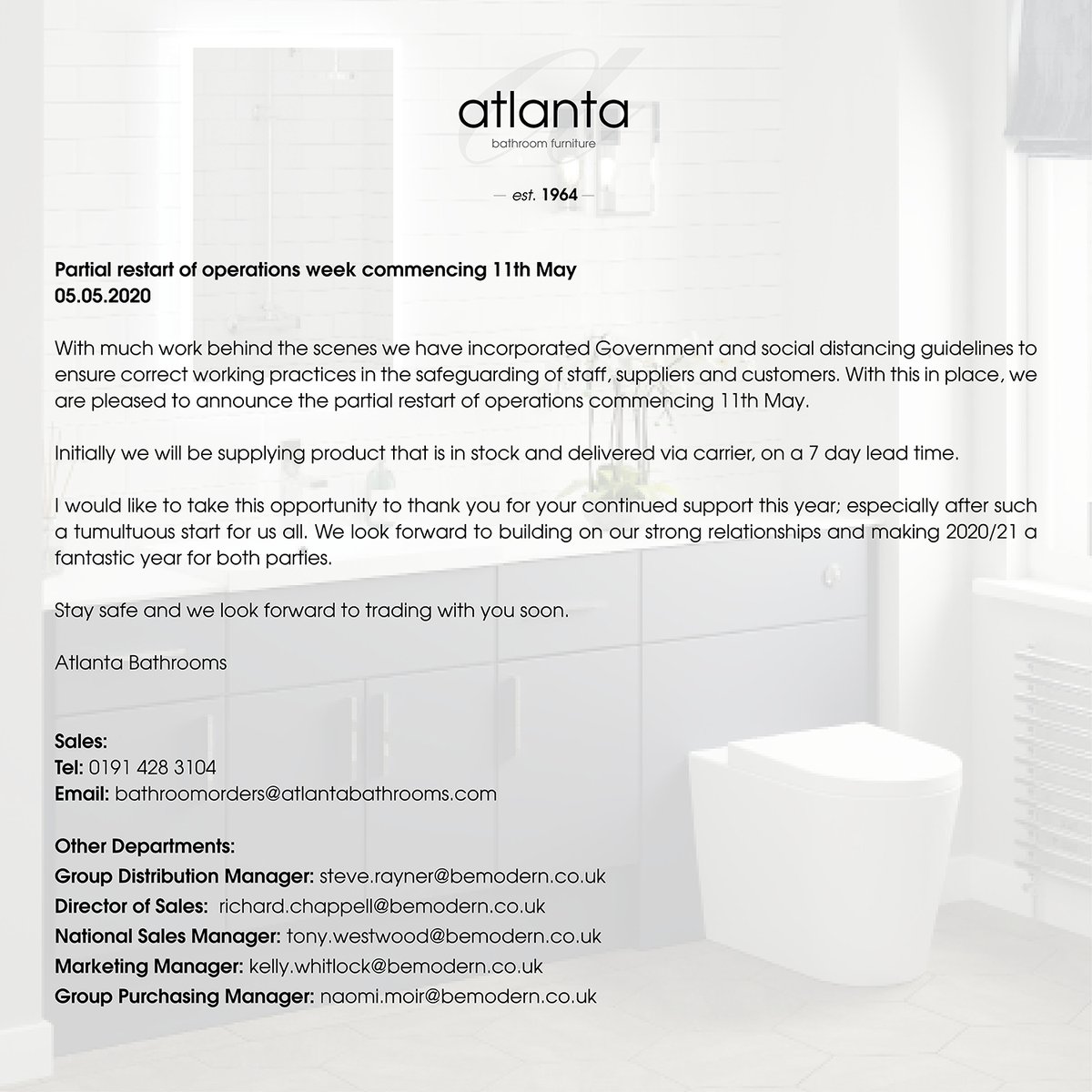 AtlantaBeModern's tweet photo. We are pleased to announce Atlanta Bathrooms will partially restart its operations week commencing 11th May. Government and social distancing guidelines have been put into place to safeguarding of staff, suppliers and customers.

#covid19 #mib #openforbusiness https://t.co/NLIxjLwus0
