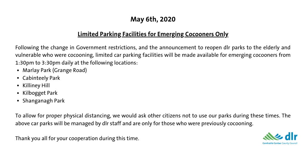 Limited parking access will be available for emerging cocooners who wish to use our parks during the designated hours of 1:30pm - 3:30pm daily. We ask other citizens to use the parks outside of these hours. Thank you. #CommunityWellBeing #InThisTogether #OurParksAreForYou