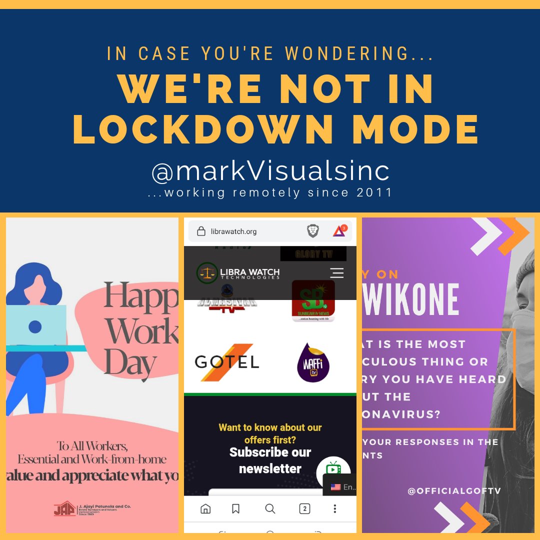 markvisualsinc's tweet photo. Just in case you're wondering, we've been operational. Contact us about how to go remote during this time.

#WorkFromHome #RemoteTools #WebDesign #GraphicDesign #RemoteWork #StaySafe #MaskUpLagos #BreakTheChain #FlattenTheCurve #COVIDOut #markVisuals https://t.co/PvnEtUWCJ6