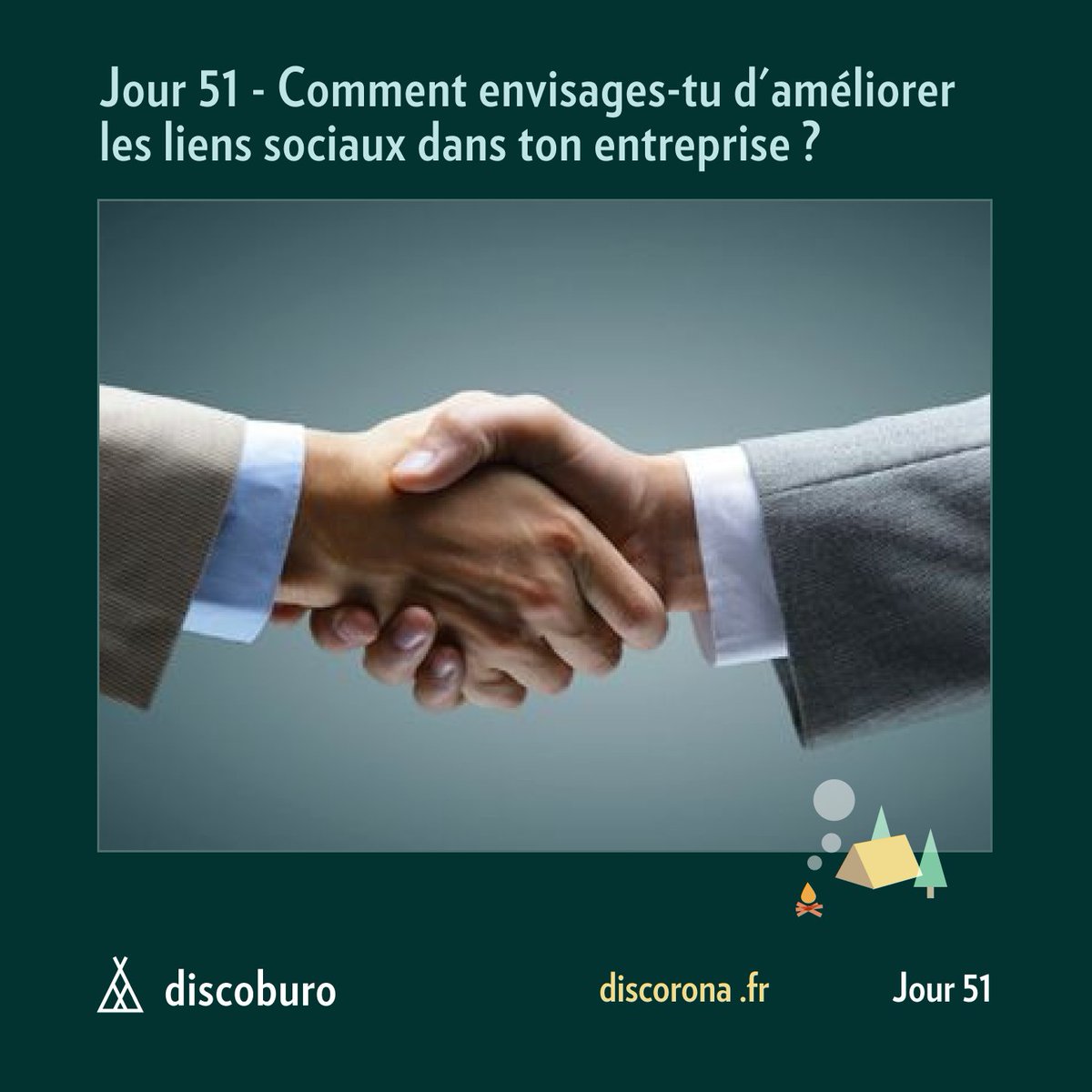 Hier on voulait savoir ce que vous vouliez améliorer dans votre entreprise.
Aujourd'hui, dites-nous ce que vous avez fais ou ce que vous comptez mettre en place pour améliorer les liens sociaux dans votre entreprise. 👯

Répondez-nous en commentaire ou sur discorona.fr