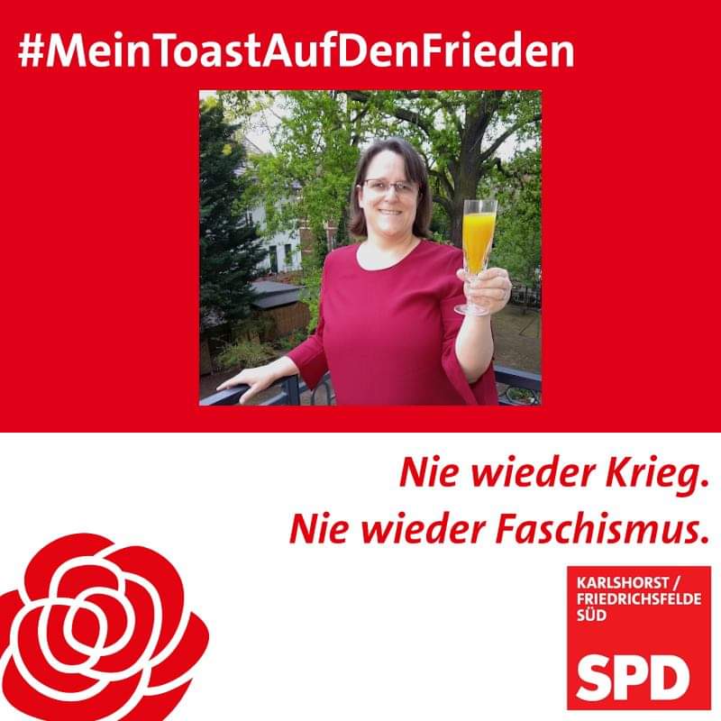 Dr. Anja Ingenbleek, BVV-Abgeordnete in #Lichtenberg und u.a. Sprecherin für Bildung in der BVV-Fraktion, sendet ihren #MeinToastAufDenFrieden: 

" Für Frieden und Völkerverständigung- gerade in schwierigen Zeiten!"

#8Mai #TagDerBefreiung #Karlshorst