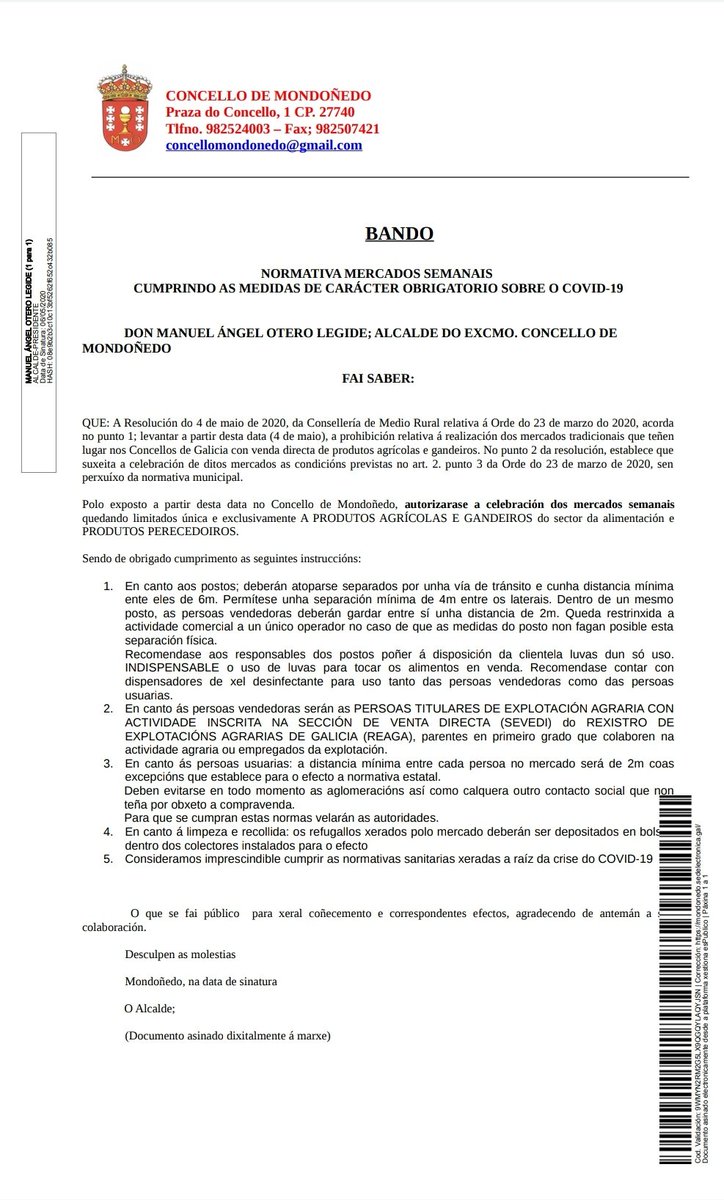 ℹ️ #BANDO 👉Autorizarase a celebración dos mercados semanais quedando limitados única e exclusivamente A PRODUTOS AGRÍCOLAS E GANDEIROS do sector da alimentación e PRODUTOS PERECEDOIROS.

Consulta a continuación o bando👇