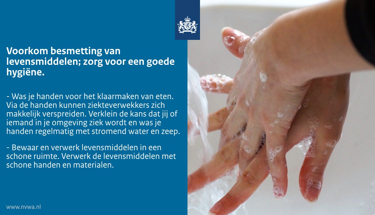 Voorkom besmetting van levensmiddelen; zorg voor een goede hygiëne. Lees hier meer over hoe je besmetting van levensmiddelen kunt voorkomen:
nvwa.nl/documenten/con…
