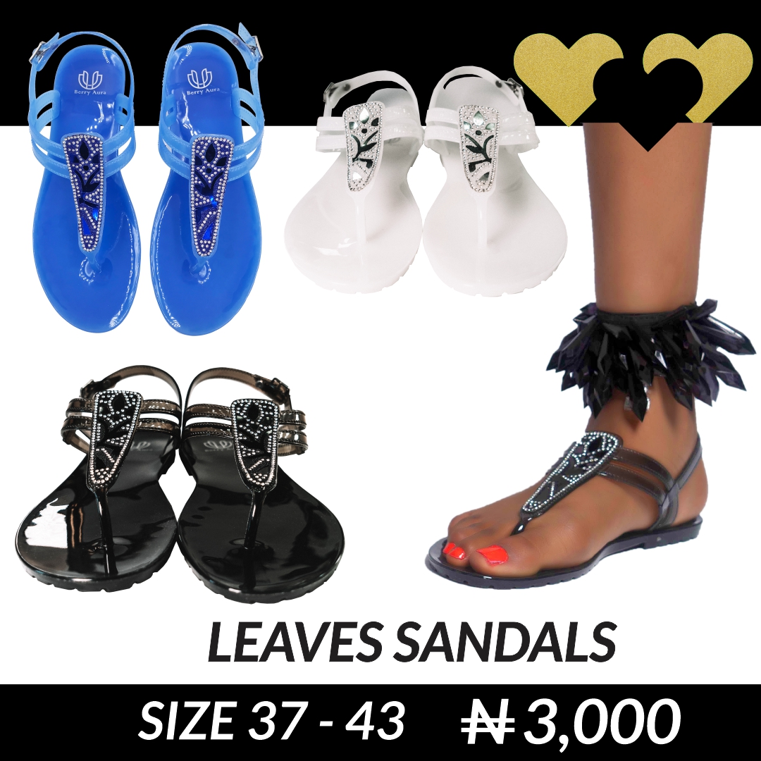 LEAVES SANDALS
Color: Blue, Black, White
Size 37- 43
NEW PRICE: 3,000
We offer home delivery
Cash or Instant transfer on delivery
To order: Call or Whatsapp us +234106068314 or +2349060002661
#berryaurashoes #berryaura #jellyshoes #Lagosbabes #sandalsslippers #shoesinnigeria