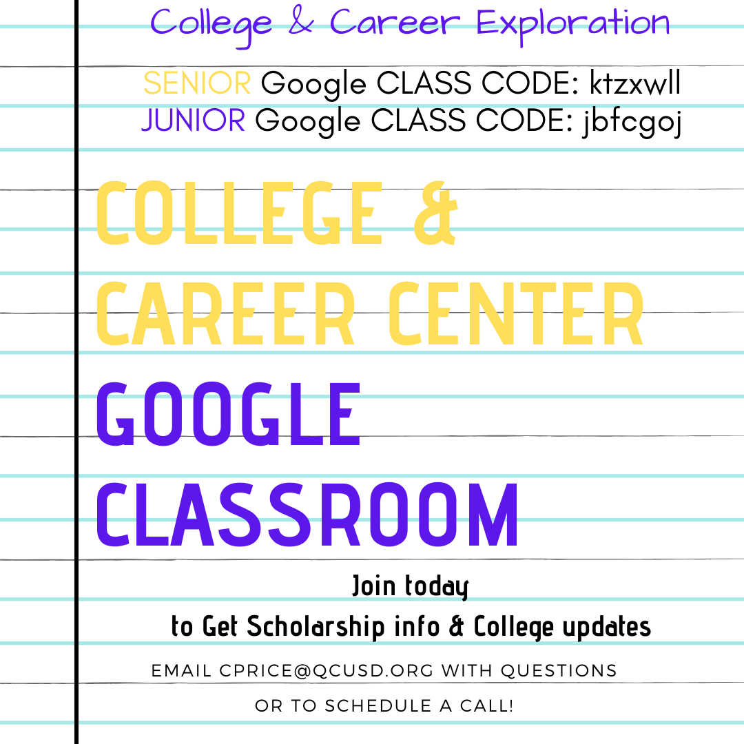 QCHS_CCC's tweet photo. JUNIORS &amp; SENIORS- join your designed Google Classroom for all the details you need to #FindYourPath.  #CollegeBoundSeniors- daily posts from AZ colleges with updates, zooms orientation/informational schedules, deadlines and more.
@QCBulldogs #QCLeads #OneStopInfo https://t.co/Gmxm4Domga