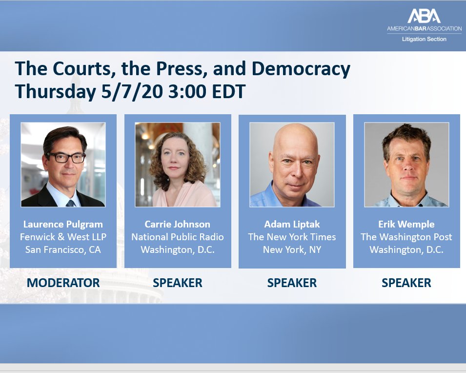 Laurence Pulgram (@lpulgram) on Twitter photo Article III and the 4th Estate: limits on abuse of power; essential to democracy; and under similar attacks. Looking for a great discussion tomorrow with three top journalists. Join us at <a href="/ABALitigation/">ABA Litigation Section</a> #VirtualSAC ow.ly/QLlc50zy6z9 #JudicialIndependence Article III and the 4th Estate: limits on abuse of power; essential to democracy; and under similar attacks. Looking for a great discussion tomorrow with three top journalists. Join us at <a href="/ABALitigation/">ABA Litigation Section</a> #VirtualSAC ow.ly/QLlc50zy6z9 #JudicialIndependence