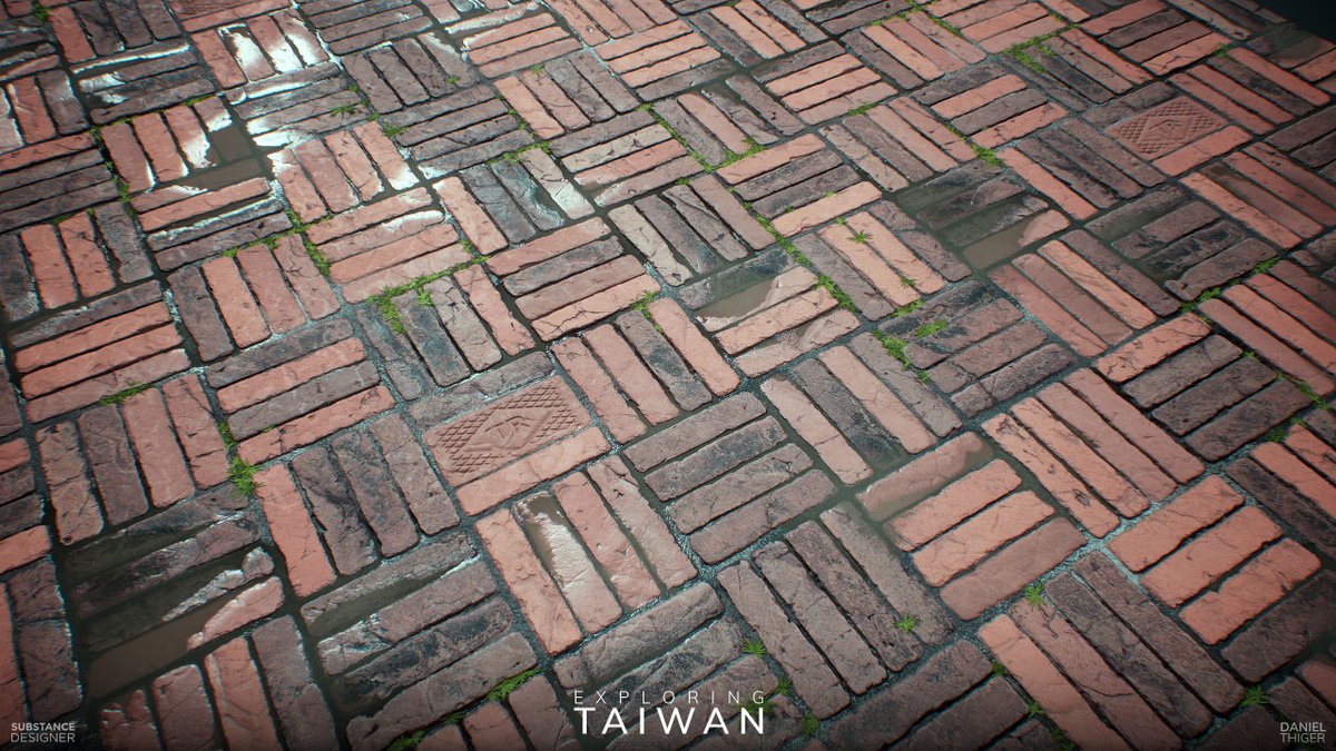 DThiger's tweet photo. Continuing my #ExploringTaiwan #SubstanceDesigner series. Some aged brick tiles I found in an abandoned railway station in the outskirts of Taipei. #MadeWithSubstance https://t.co/YCOaI4MuA8