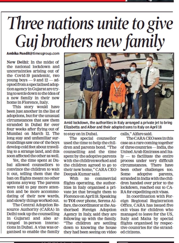 In spite of innumerable challenges in the current situation, relentless efforts of #CARA, #IndianMissionUAE &amp; #GovtofItaly resulted in two siblings from Gujarat reach their forever home with their Italian adoptive parents. #Unprecedentedtimes. #Unprecedentedresolve.