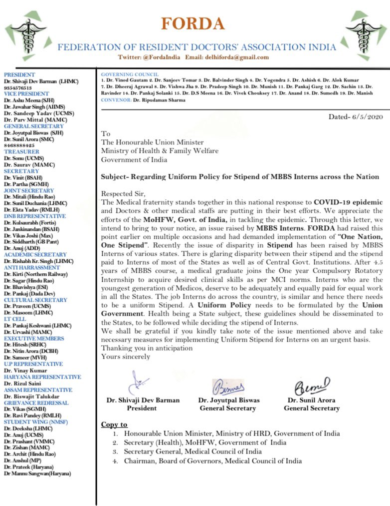 FordaIndia's tweet photo. Regarding Uniform Policy for Stipend of MBBS Interns across the Nation #One_Nation_One_Stipend @drharshvardhan @DrRPNishank @MoHFW_INDIA @HRDMinistry @NITIAayog @NMSF3 @ANI @IndianExpress @the_hindu @timesofindia @htTweets @HealthwireMedia @DrSaurav5 @journo_priyanka https://t.co/aqODX9t34A