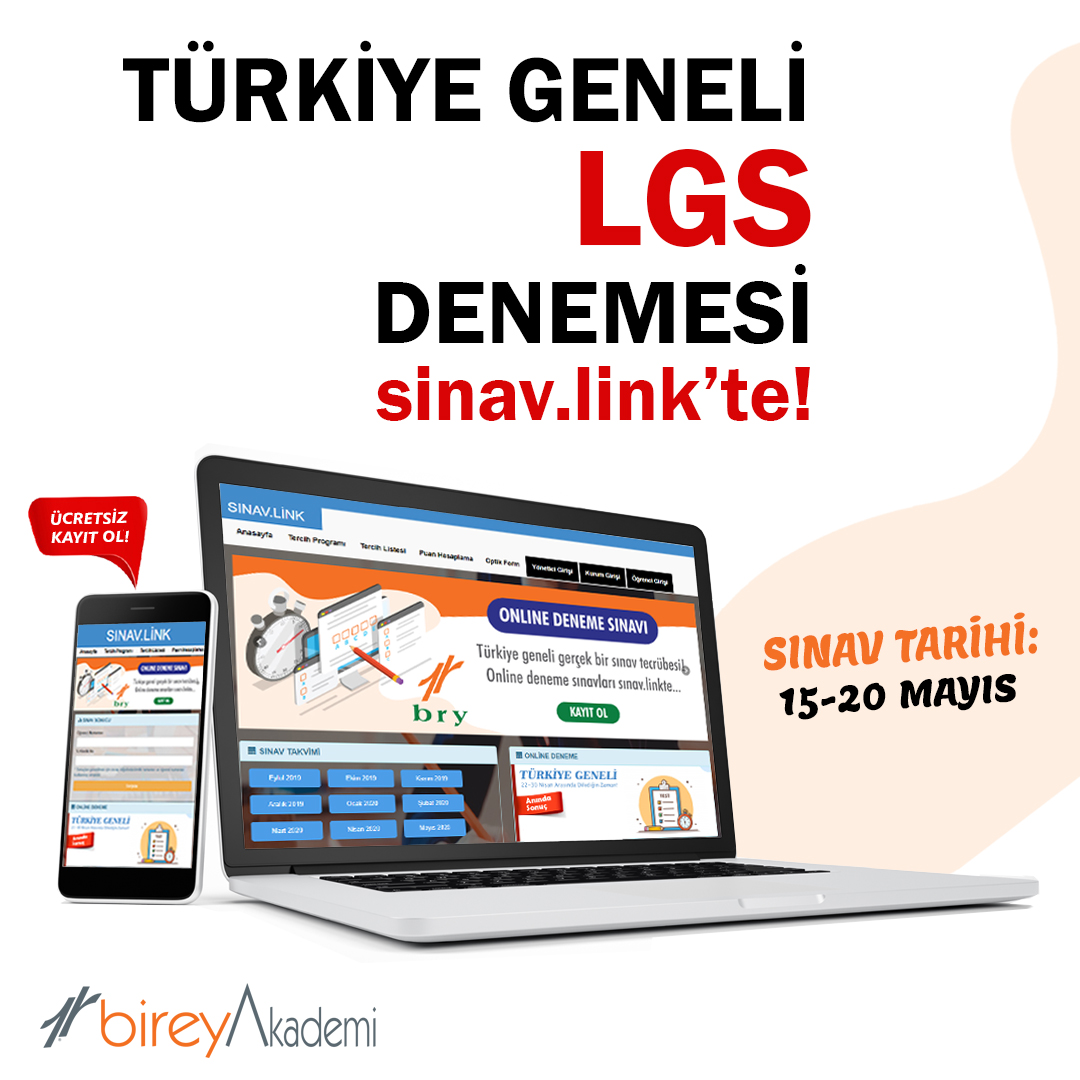 ✏ Yeni sınav konularına uygun online LGS denemesi!💃
📣 sinav.link adresinden ücretsiz kayıt ol
↘Katılım Kodu: TR6-9KILN-FABI5