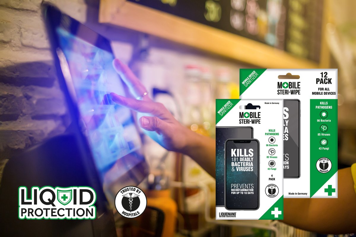liquidprotect's tweet photo. STERI-WIPE® is not just for protecting your mobile devices, it can also be used on touchscreen tills &amp; POS devices, in restaurants, bars and shops to protect users from bacteria and viruses for up to 10 days, with one application. https://t.co/sdt7jFvdBn 
@EssexPR https://t.co/gNy2cGOh4X