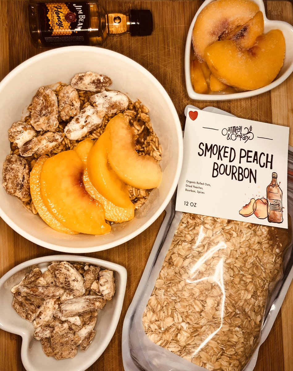 OatmealAndCo's tweet photo. The “other” #BreakfastOfChampions 🥇 #SmokedPeachBourbon prepared as #OvernightOats topped with champagne pecans from #yeguacreekfarms and 🍑!! Oh and a tablespoon (or ✌🏾#DontJudgeMyLife) of @jimbeamdistillery honey bourbon🥴😁🤤 #Dopemeal #NotYourBasicOatmeal #OatmealAndCompany https://t.co/mQhojW7cE3