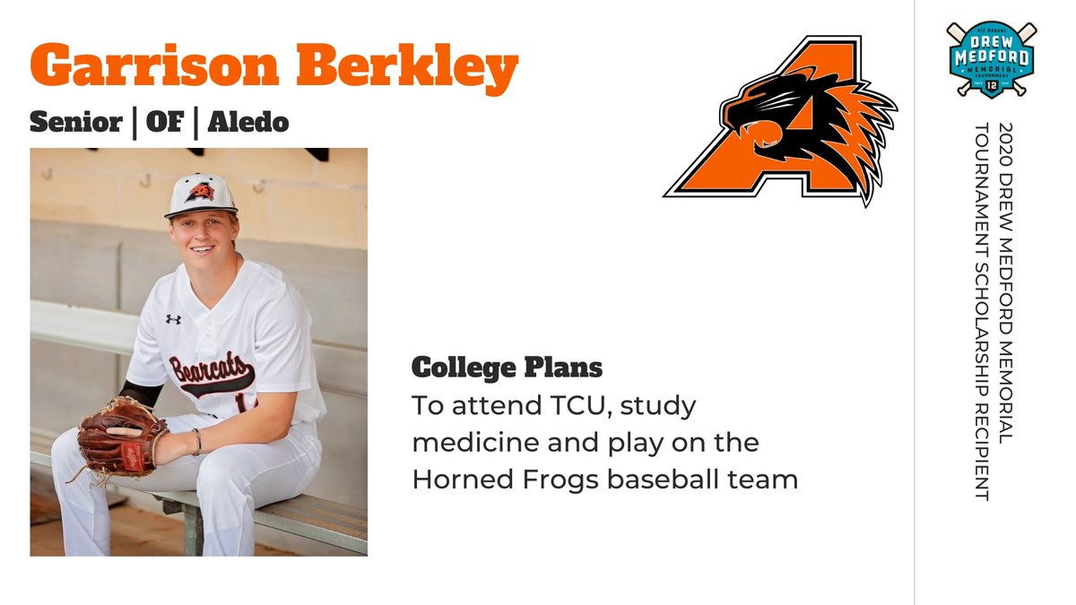 DrewMedfordMT's tweet image. Congratulations to Garrison Berkley of @BearcatsofAledo, a 2020 Drew Medford Memorial Tournament scholarship recipient! 20 teams, 20 scholarships. And a record $40,000 given to deserving senior student-athletes. #DMMT2020