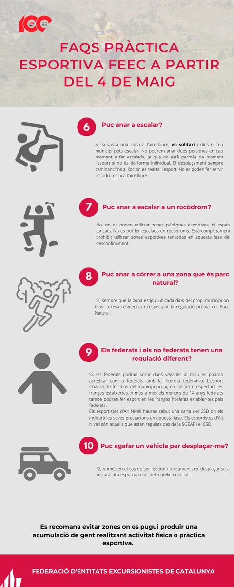 FEEC_cat's tweet photo. ⚠️Us actualitzem les FAQS pels federats #FEEC amb 2 NOVETATS. 

* Els menors de 14 anys federats poden fer esport en els horaris dels federats.

* Els federats poden agafar el cotxe dins del seu municipi per anar a fer esport. 

➡️https://t.co/2XJEb65Xh5

#sentlamuntanya https://t.co/ecikEd1UL4