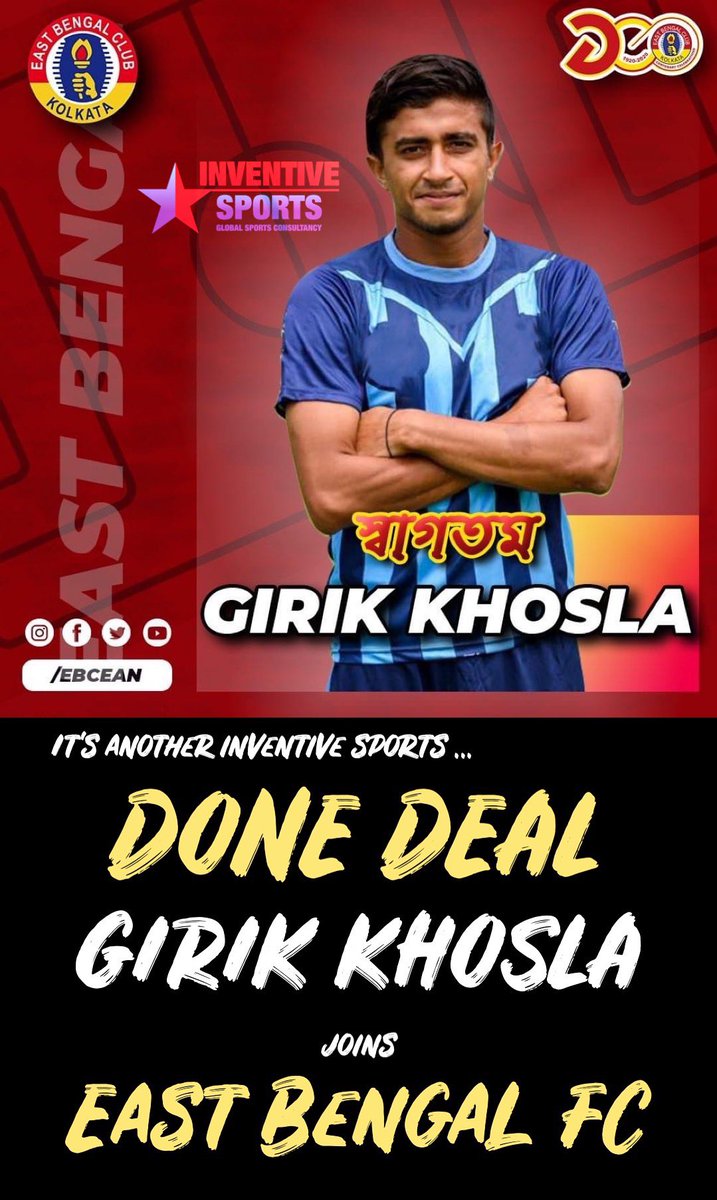 InventiveSports's tweet photo. It’s another @InventiveSports #DoneDeal ⚽️🇮🇳 Girik Khosla joins #Kolkata giants #EastBengalFC. Wishing Girik all the best with his new club. #Transfer #India #Football #Mumbai #FootballAgent #GirikKhosla #InventiveSports #SportsBiz #IndianFootball #EastBengal https://t.co/4GHxIgiZqd