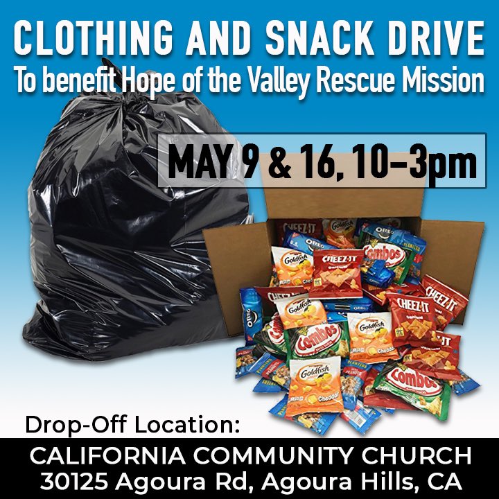CA_Church's tweet photo. Drop off is THIS SATURDAY, May 9, between 10:00am - 3pm at @ca_church!!
Address: 30125 Agoura Rd.
Agoura Hills, CA
Two items are greatly needed:
1.) Gently used men’s, women’s and children’s clothing items. 
2.) Individually wrapped snack items to be placed in the COVID shelters. https://t.co/HDRSq9G0ih