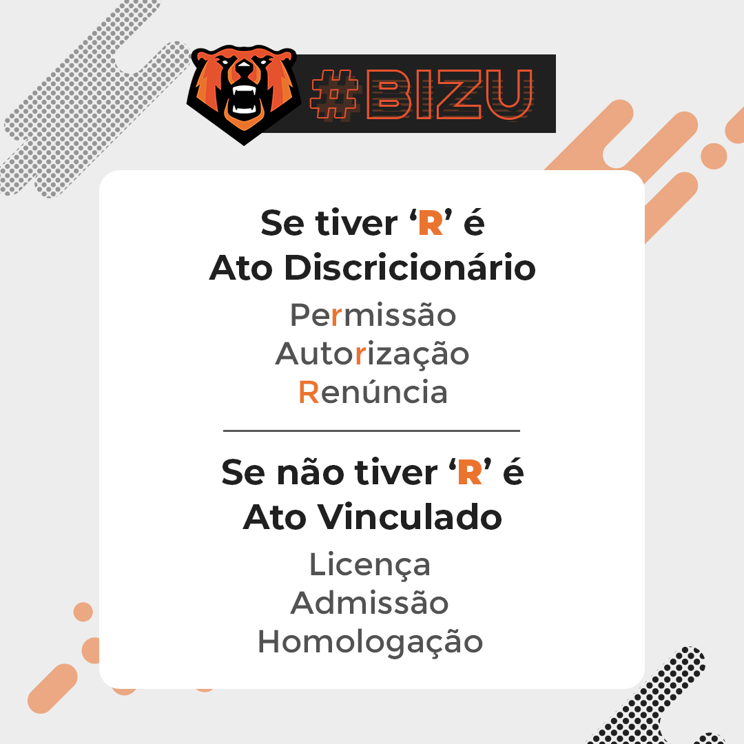 Monster Concursos on X: Olha o bizu, #bisonho! 💪🏽 Os Atos  Administrativos tem várias classificações, mas hoje vamos falar apenas de  duas: discricionariedade x vinculação.  / X