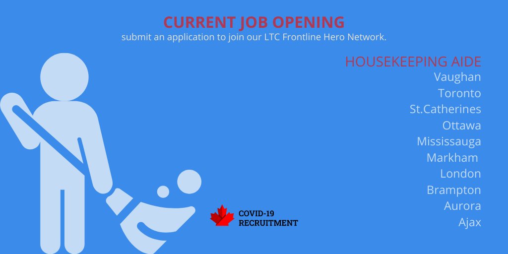 Visit our website and submit an application to join our LTC Frontline Hero Network as a Housekeeping Aide! covid19recruitment.ca/jobs/ #letsfighttogether #COVID19